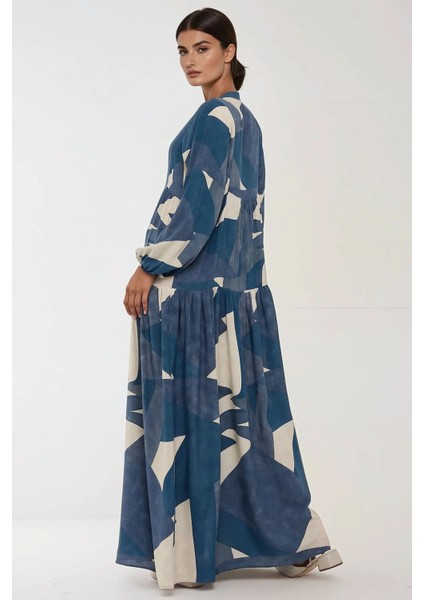 Kadın Baskılı Uzun Kol Viskon Modest Elbise Lacivert