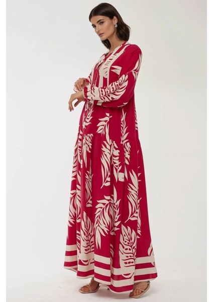 Kadın Baskılı Uzun Kol Viskon Modest Elbise Red fiyatları