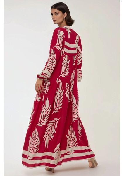 Kadın Baskılı Uzun Kol Viskon Modest Elbise Red fırsatları