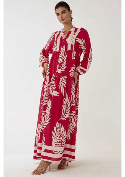 Kadın Baskılı Uzun Kol Viskon Modest Elbise Red