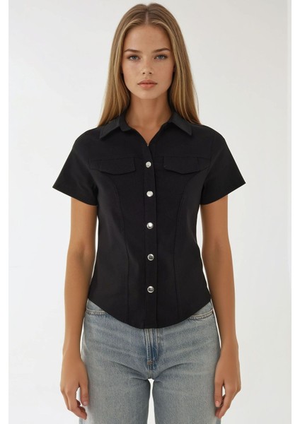 Kadın Regular Fit Kısa Kollu Gömlek Black