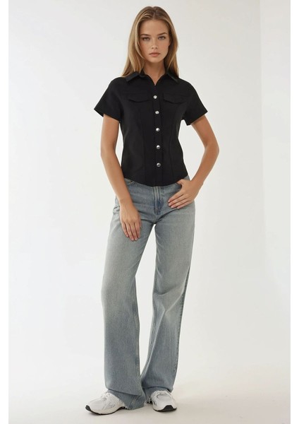 Kadın Regular Fit Kısa Kollu Gömlek Black fırsatları