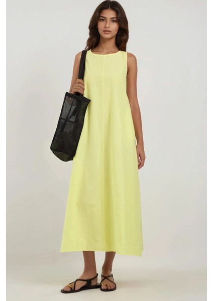 Kadın Mixray Collection Bisiklet yaka, kolsuz A-Form Maxi Elbise Yellow