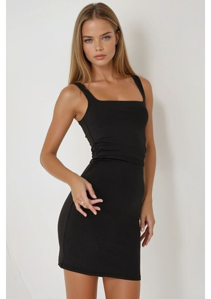 Kadın Kare Yaka Askılı Bodycon Mini Elbise Siyah
