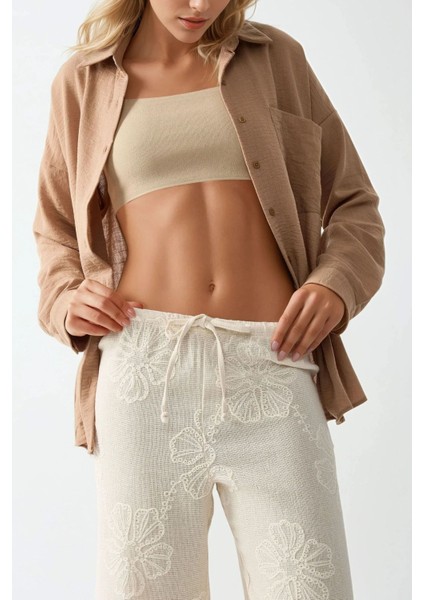 Kadın Yüksek Bel Çiçek İşlemeli Geniş Paça Pantolon Krem Doğal fırsatları