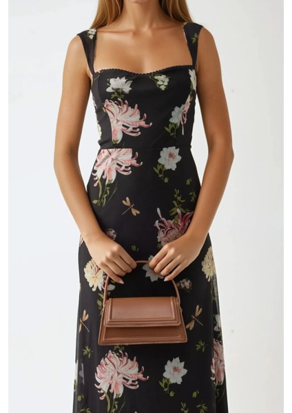 Kadın Kalp Yaka Desenli Maxi Elbise Siyah modelleri