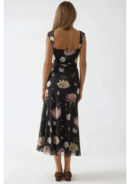 Kadın Kalp Yaka Desenli Maxi Elbise Siyah indirimleri