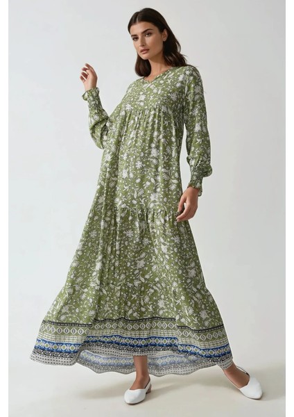 Kadın Baskılı Viskon Modest Elbise Green