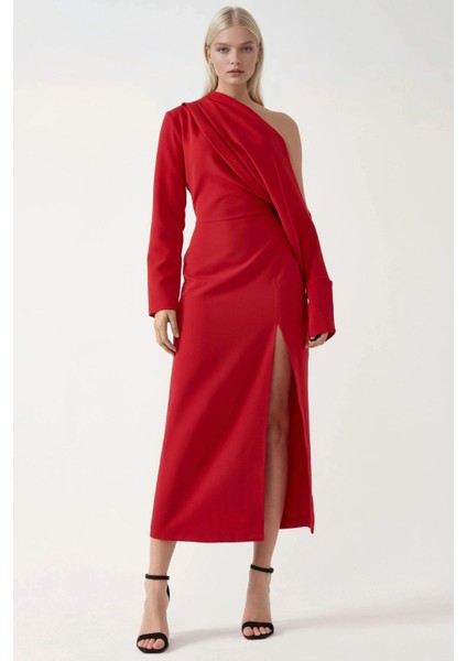 Kadın Asimetrik Yaka Yırtmaçlı Bodycon Midi Elbise Red
