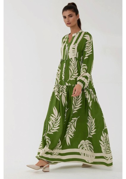Kadın Baskılı Uzun Kol Viskon Modest Elbise Green