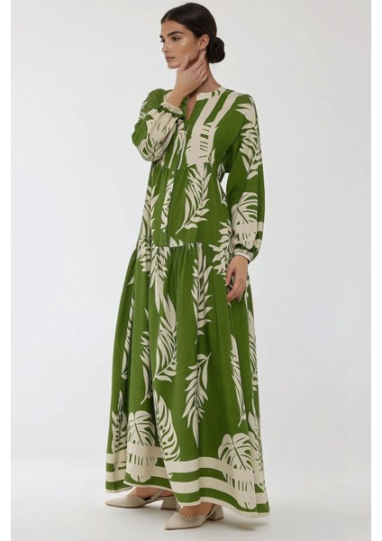 Kadın Baskılı Uzun Kol Viskon Modest Elbise Green fiyatları