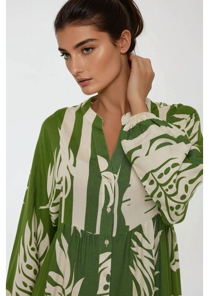 Kadın Baskılı Uzun Kol Viskon Modest Elbise Green fırsatları