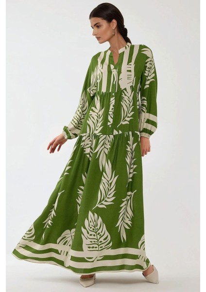 Kadın Baskılı Uzun Kol Viskon Modest Elbise Green