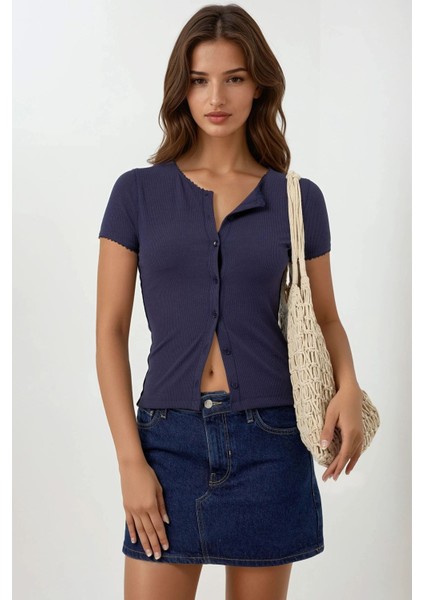 Kadın Düğme Detaylı Dokulu Dantel Şeritli Üst Koyu Mocha Kahve modelleri