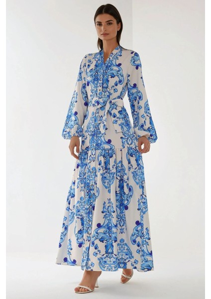 Kadın Baskılı Uzun Kol Kuşaklı Modest Elbise Mavi