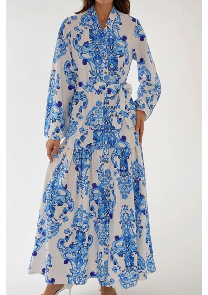 Kadın Baskılı Uzun Kol Kuşaklı Modest Elbise Mavi fiyatları