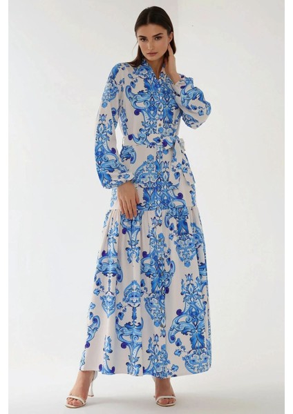 Kadın Baskılı Uzun Kol Kuşaklı Modest Elbise Mavi modelleri