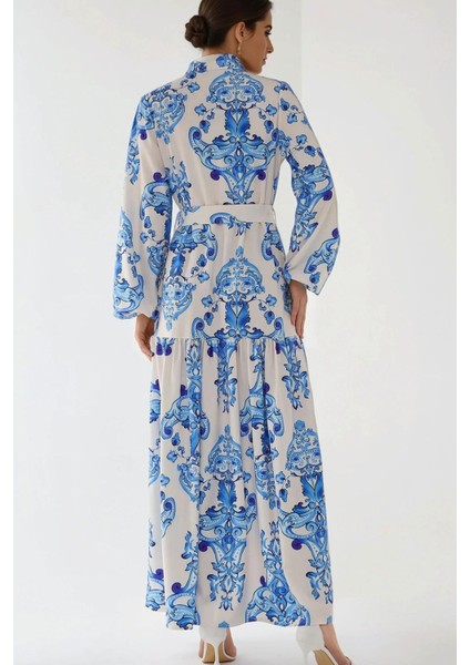 Kadın Baskılı Uzun Kol Kuşaklı Modest Elbise Mavi fırsatları