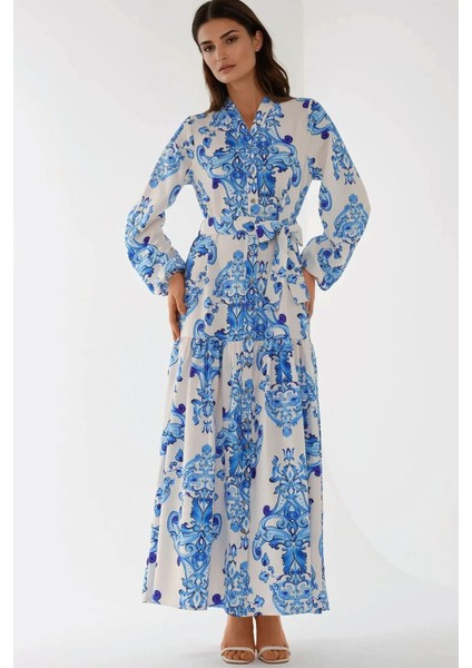 Kadın Baskılı Uzun Kol Kuşaklı Modest Elbise Mavi indirimleri