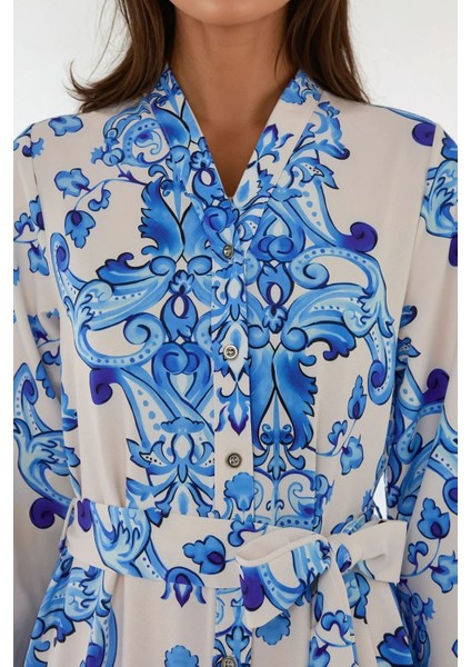 Kadın Baskılı Uzun Kol Kuşaklı Modest Elbise Mavi