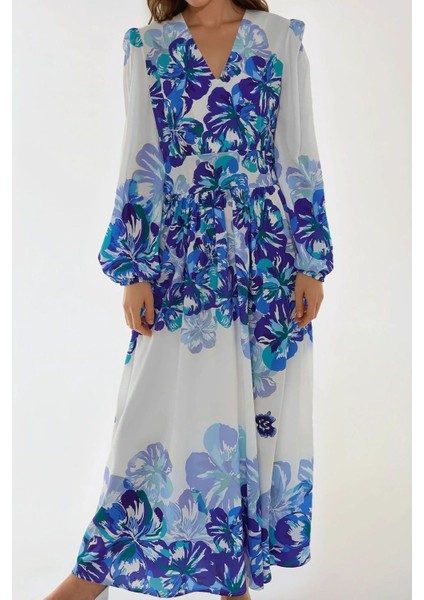 Kadın V Yaka Desenli Modest Elbise Mavi