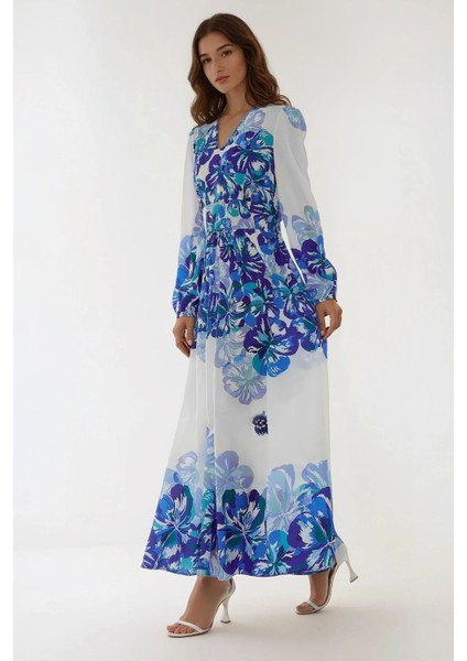 Kadın V Yaka Desenli Modest Elbise Mavi fiyatları