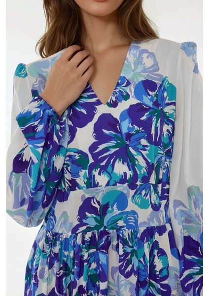 Kadın V Yaka Desenli Modest Elbise Mavi modelleri