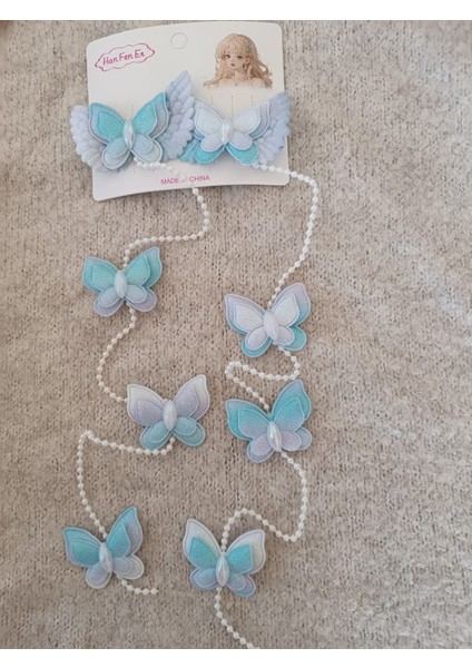 Simli Kelebek Figürlü Inci Sallantılı 2 Li Çocuk Pens Toka(40 Cm)