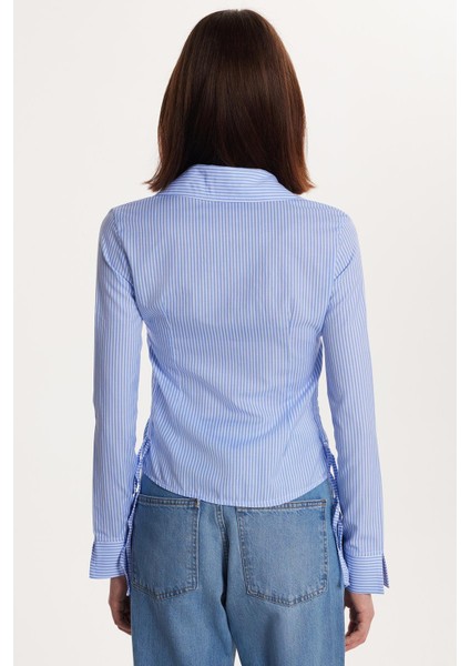 Kadın Slim Fit Rahat Kesim Uzun Kollu Bağlamak Detaylı Çizgili Mavi Gömlek indirimleri