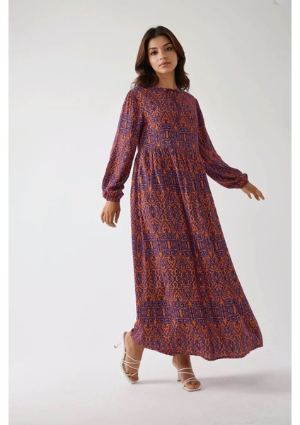 Kadın Baskılı A-Form Modest Elbise, Bisiklet Yaka Orange modelleri