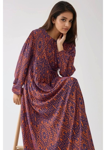 Kadın Baskılı A-Form Modest Elbise, Bisiklet Yaka Orange fırsatları