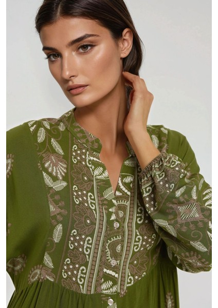 Kadın Baskılı Uzun Kol Viskon Modest Elbise Green modelleri