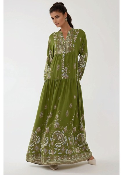 Kadın Baskılı Uzun Kol Viskon Modest Elbise Green fırsatları