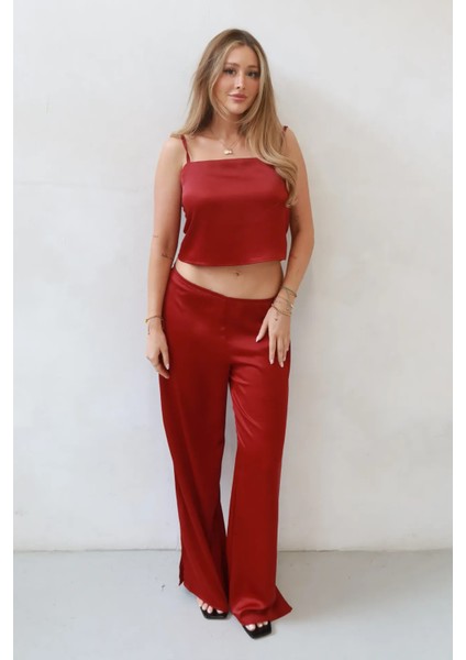 Kadın Ana Kare Yaka Saten Bluz Red