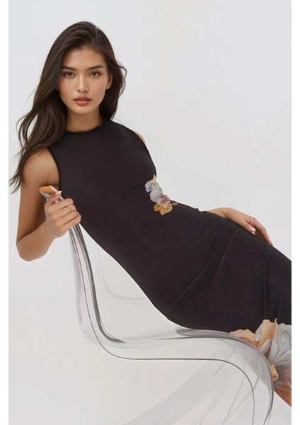Kadın Çiçek Desenli Bisiklet Yaka Bodycon Uzun Elbise Siyah fiyatları
