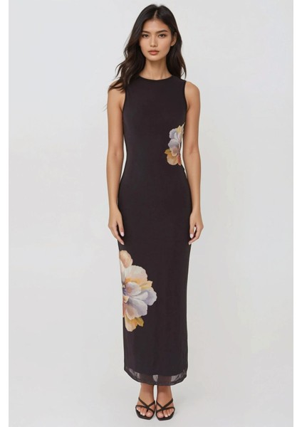 Kadın Çiçek Desenli Bisiklet Yaka Bodycon Uzun Elbise Siyah modelleri