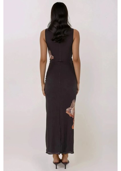 Kadın Çiçek Desenli Bisiklet Yaka Bodycon Uzun Elbise Siyah indirimleri