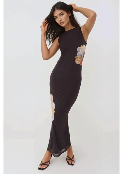 Kadın Çiçek Desenli Bisiklet Yaka Bodycon Uzun Elbise Siyah