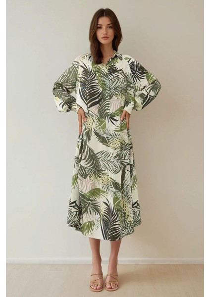 Kadın Gömlek Yaka Çiçek Desenli Maxi Elbise Green modelleri