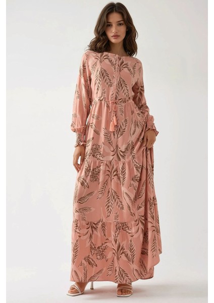 Kadın Baskılı Uzun Kol Viskon Modest Elbise Pink
