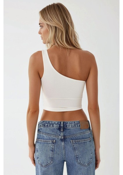 Kadın Asimetrik Yaka Soft Crop Top White indirimleri