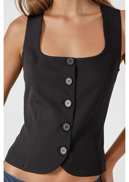 Kadın Dar Kesim Kare Yaka Yelek Black indirimleri