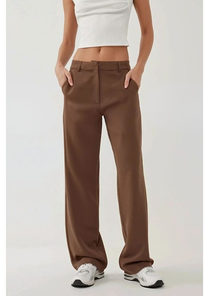 Kadın Straight Leg Dokuma Pantolon Kahverengi