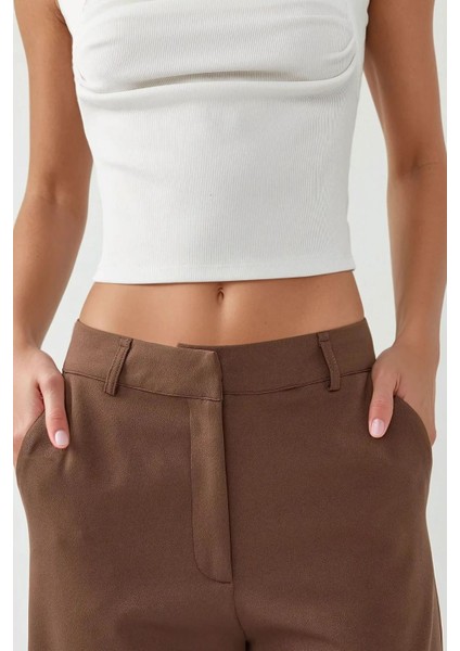 Kadın Straight Leg Dokuma Pantolon Kahverengi modelleri