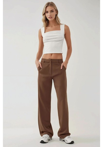 Kadın Straight Leg Dokuma Pantolon Kahverengi indirimleri