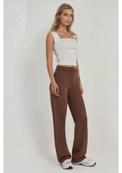 Kadın Straight Leg Dokuma Pantolon Kahverengi
