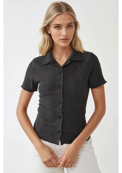 Kadın Dokulu Kısa Kollu Gömlek Yaka Bluz Grey