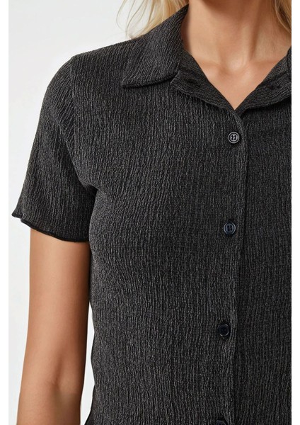 Kadın Dokulu Kısa Kollu Gömlek Yaka Bluz Grey fiyatları