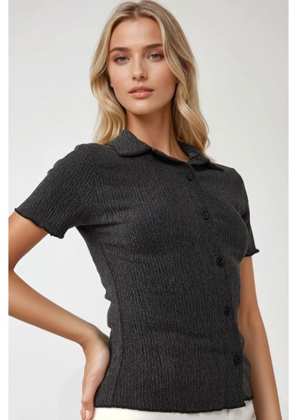 Kadın Dokulu Kısa Kollu Gömlek Yaka Bluz Grey modelleri