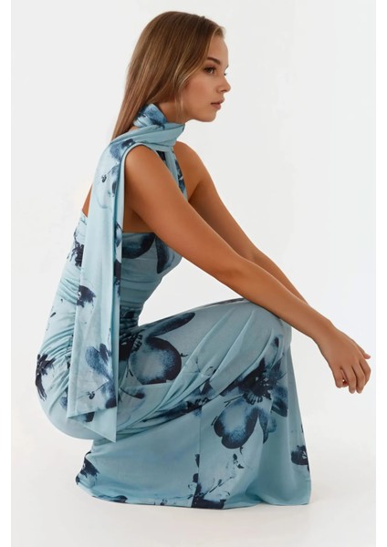 Kadın Straplez Desenli Bodycon Maxi Tül Elbise Blue